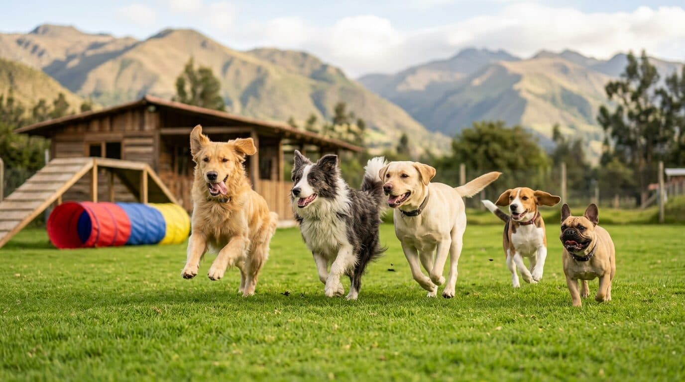 Perros jugando en las áreas verdes de Rafiki Pets
